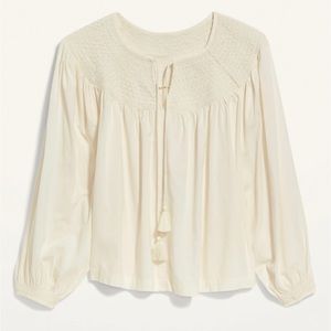 Long-Sleeve Smocked Embroidered Poet Blouse